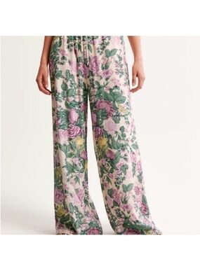 Abercrombie & Fitch Floral Elastic-Waist Lounge Pants in Cream, Green & Pink
